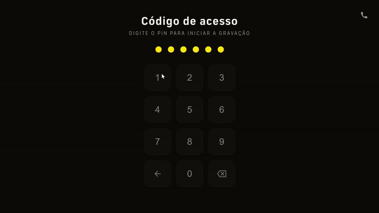 Tela de código de acesso da cabine
