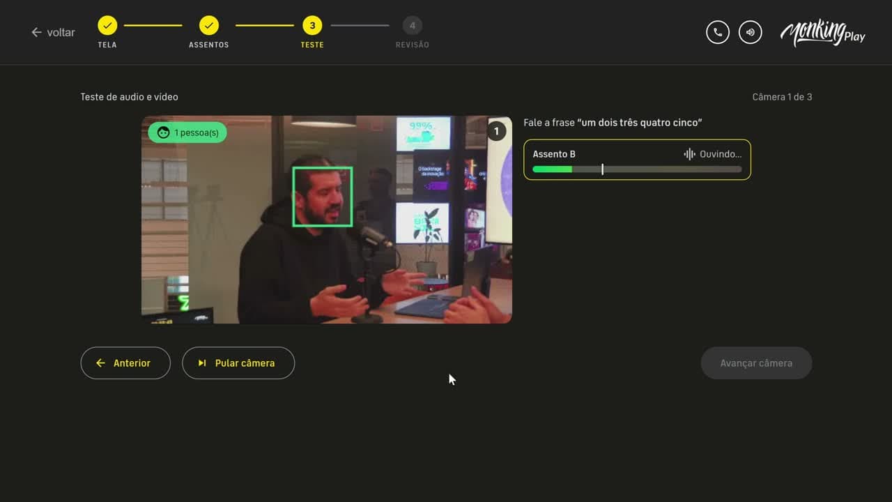 Teste de câmera e áudio na cabine